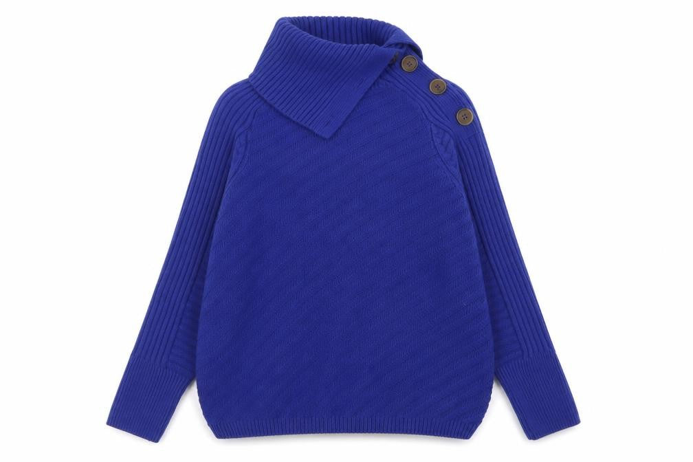 Front view of Marks & Spencer women’s blue high neck acrylic jumper, size S