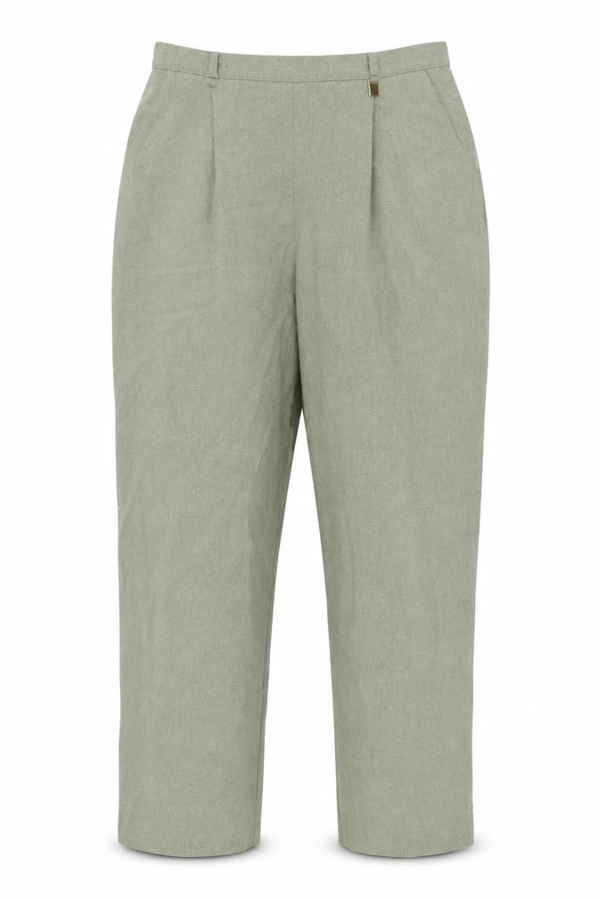 Front view of Classics women’s green polyester trousers, size UK 14, 28-inch leg regular