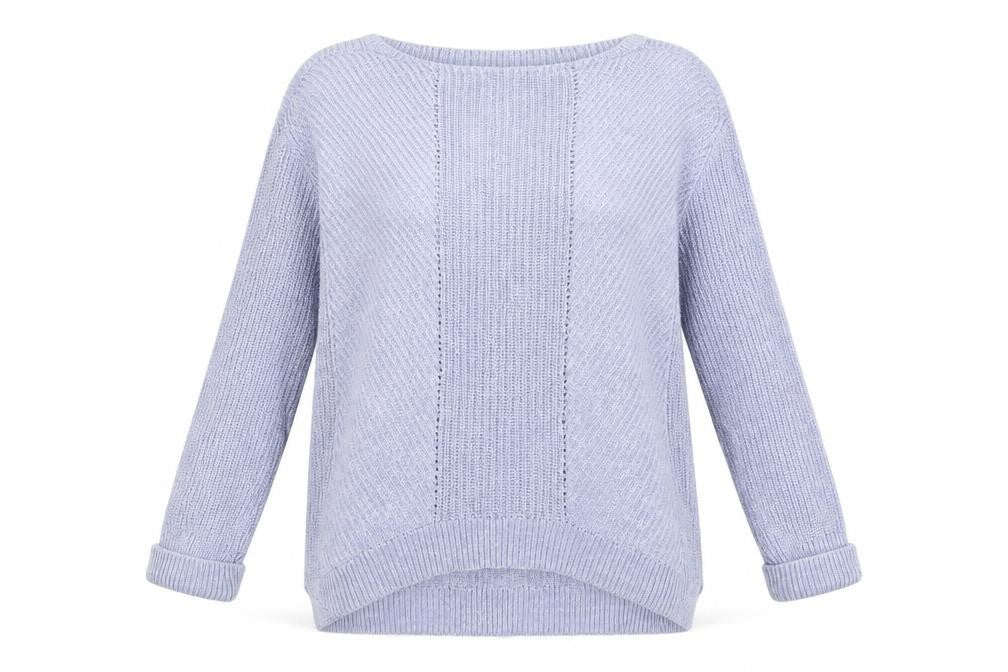 Front view of Marks & Spencer women’s blue crew neck cotton jumper, size S