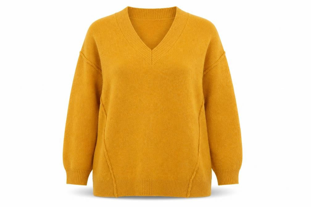 Front view of Red Herring women’s yellow v-neck acrylic jumper, size UK 14