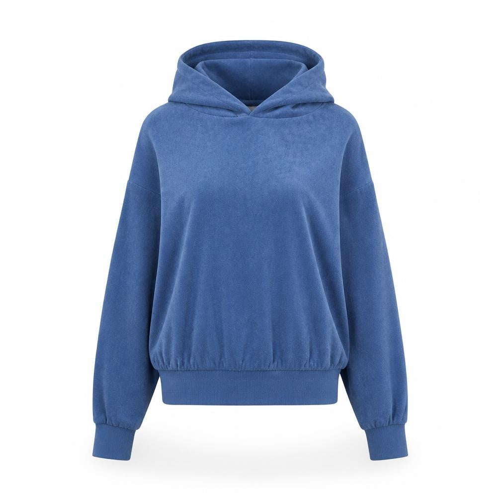 Front view of Michelle Keegan women’s blue polyester pullover hoodie, size XS, pullover