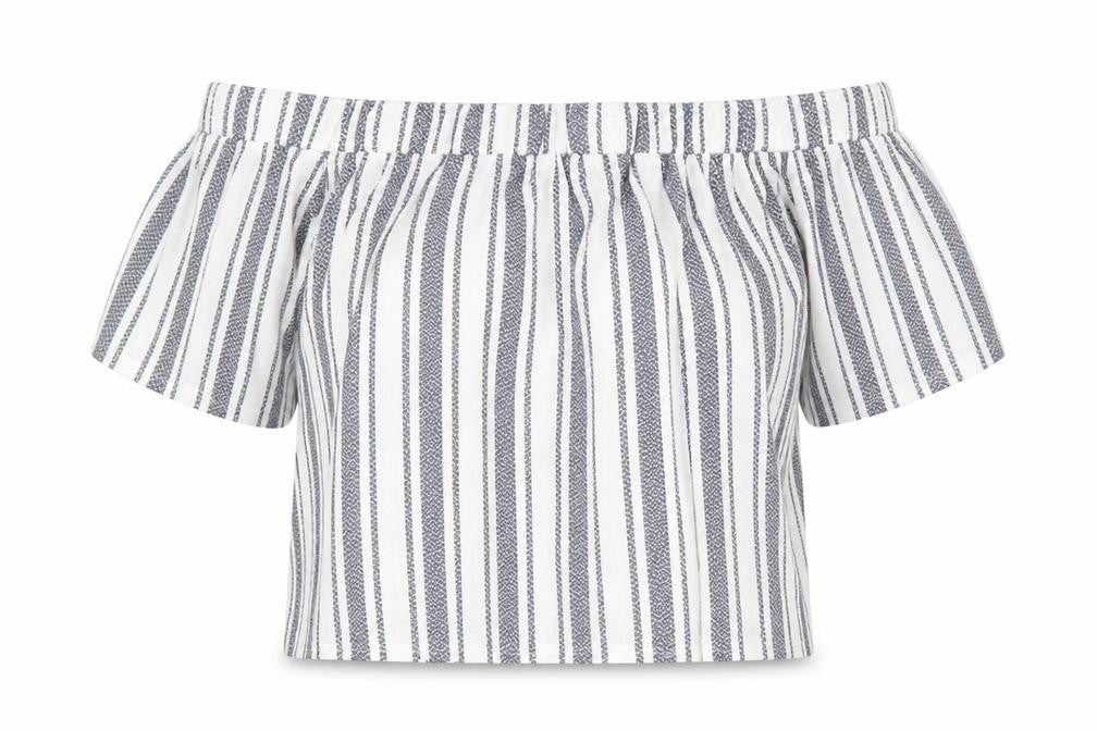 Front view of Topshop women’s white striped polyester basic blouse, size UK 6, off the shoulder