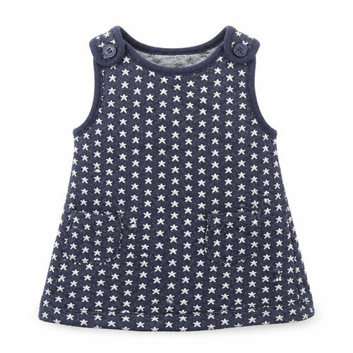 Bluezoo Baby Blue  100% Cotton Pinafore/Dungaree Dress  Size 3-6 Months  Boat Neck Button - Stars