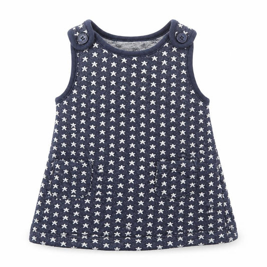 Front view of Bluezoo Baby Blue 100% Cotton Pinafore/Dungaree Dress, size 3-6, Months Boat Neck Button - Stars
