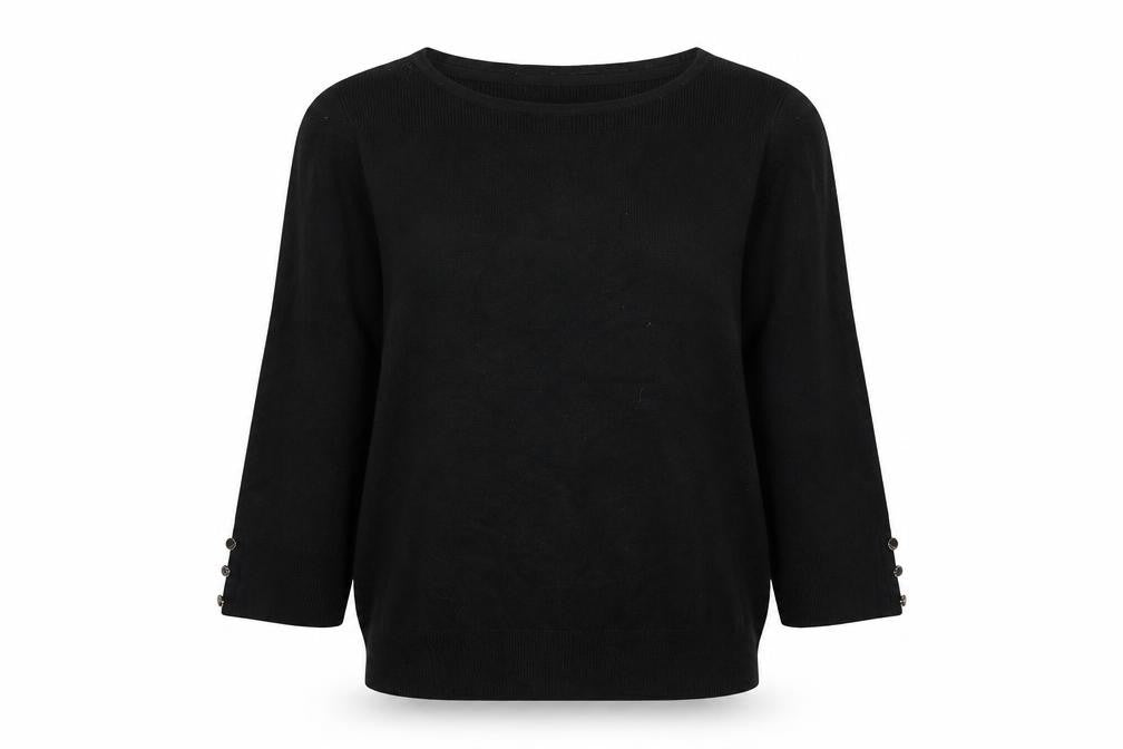 Front view of Monsoon women’s black round neck viscose jumper, size UK 12