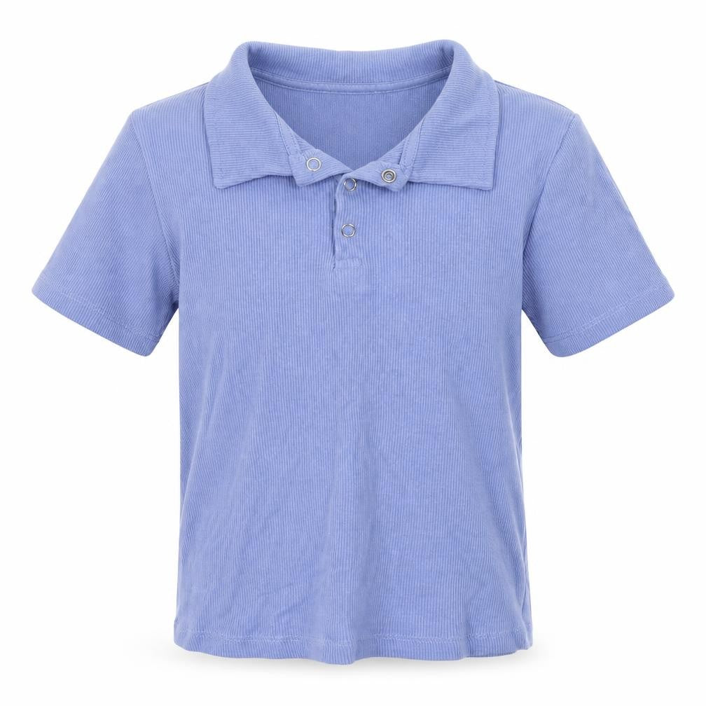 Front view of New Look girls’ blue cotton basic polo, size 12-13, years collared button