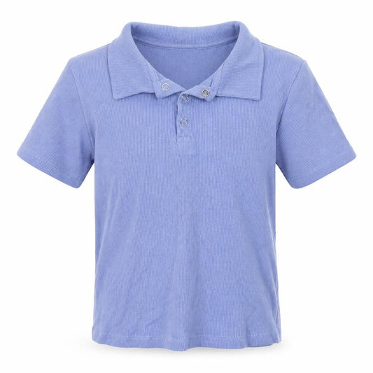 Front view of New Look girls’ blue cotton basic polo, size 12-13, years collared button