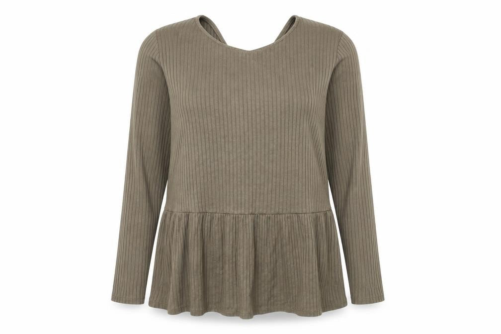 Front view of Capsule women’s green viscose jersey blouse, size UK 16, round neck