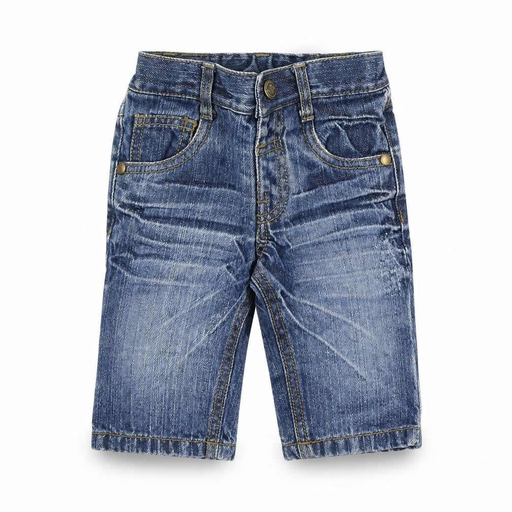 Front view of Next boys’ blue cotton capri jeans, size 3-6, months button