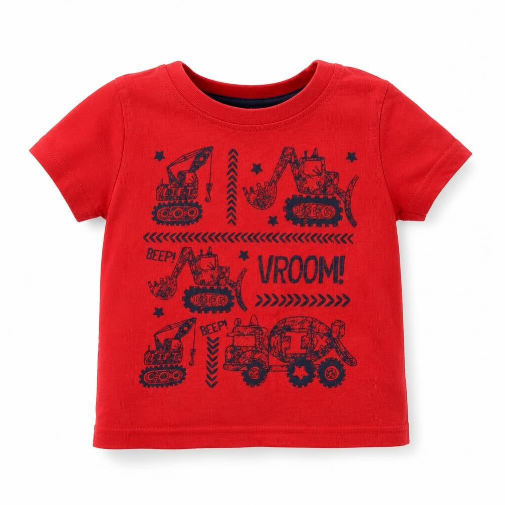 Front view of Rebel boys’ red cotton basic t-shirt, size 9-12, months round neck pullover - tractors