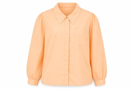 Front view of Littlewoods women’s orange polyester basic button-up, size UK 18, collared