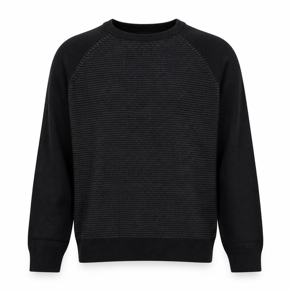 Front view of Onfire men’s black round neck striped acrylic jumper, size L