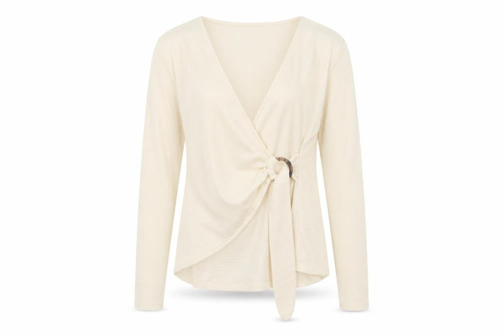 Front view of Savida women’s ivory polyester basic blouse, size S, v-neck