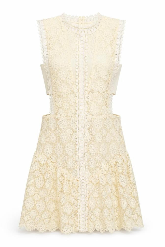 Front view of Danity women’s ivory polyester fit & flare, size M, crew neck button