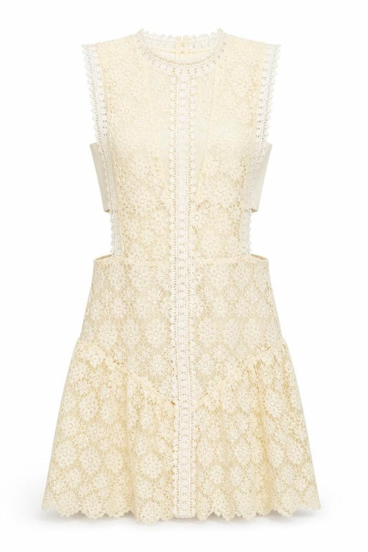 Front view of Danity women’s ivory polyester fit & flare, size M, crew neck button
