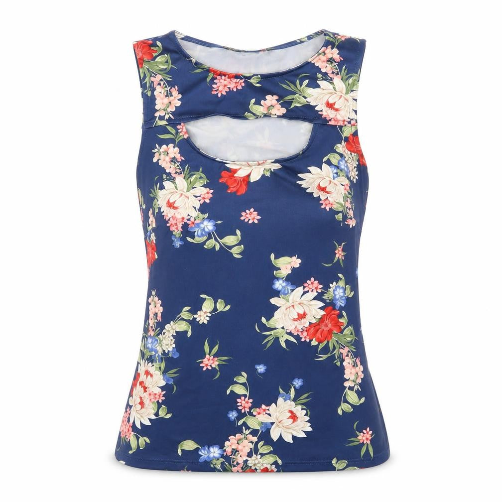Front view of Atmosphere women’s blue floral polyester basic blouse, size UK 6, boat neck