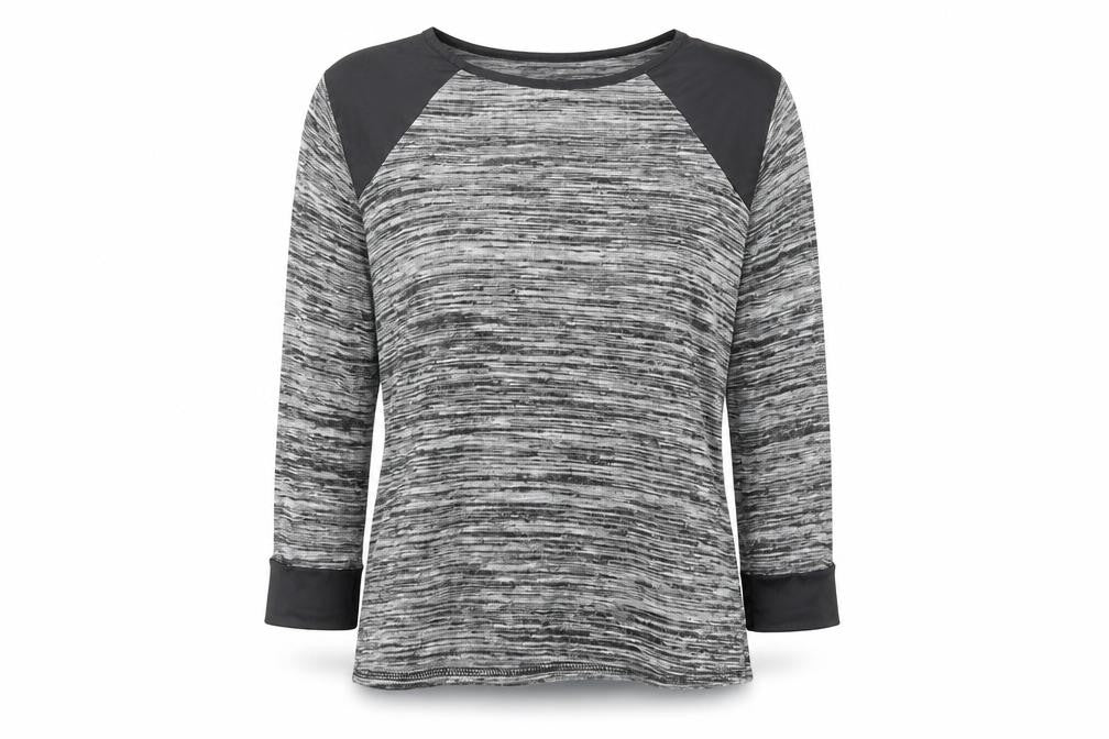 Front view of Exhibit One women’s grey polyester basic blouse, size M, crew neck