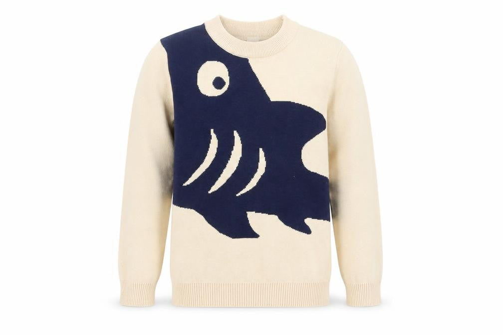 Front view of SHEIN girls’ beige crew neck cotton jumper, size 8, years pullover - shark