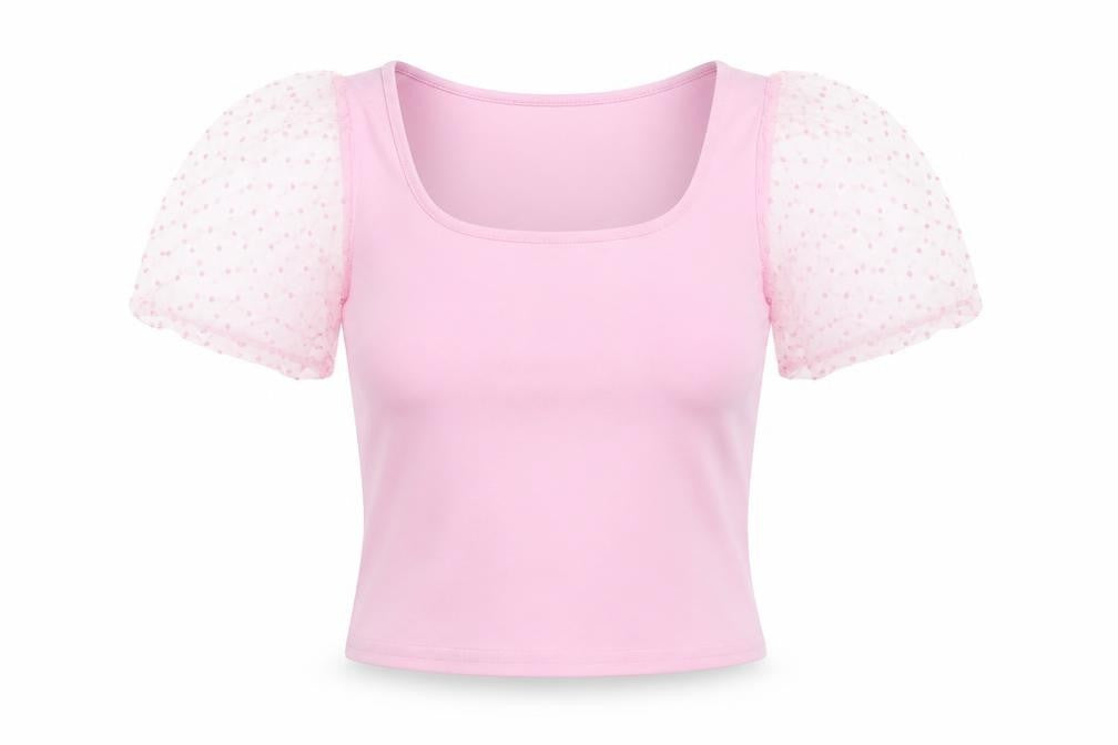 Front view of Quiz women’s pink polyester cropped blouse, size UK 8, square neck
