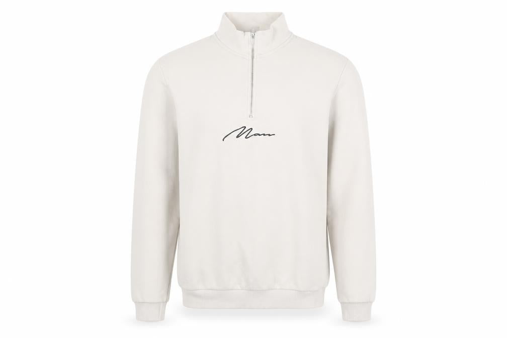 Front view of boohooMAN men’s beige cotton pullover sweatshirt, size S