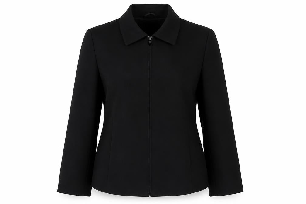Front view of BHS women’s black jacket, size UK 12, zip - padded shoulders