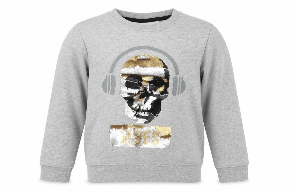 Front view of Next boys’ grey cotton pullover sweatshirt, size 9, years pullover - dj skull