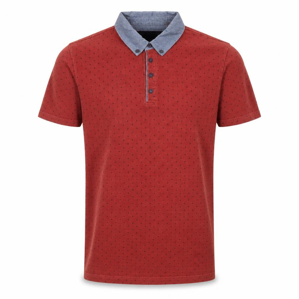 Front view of Next men’s orange polka dot cotton polo, size S, collared button