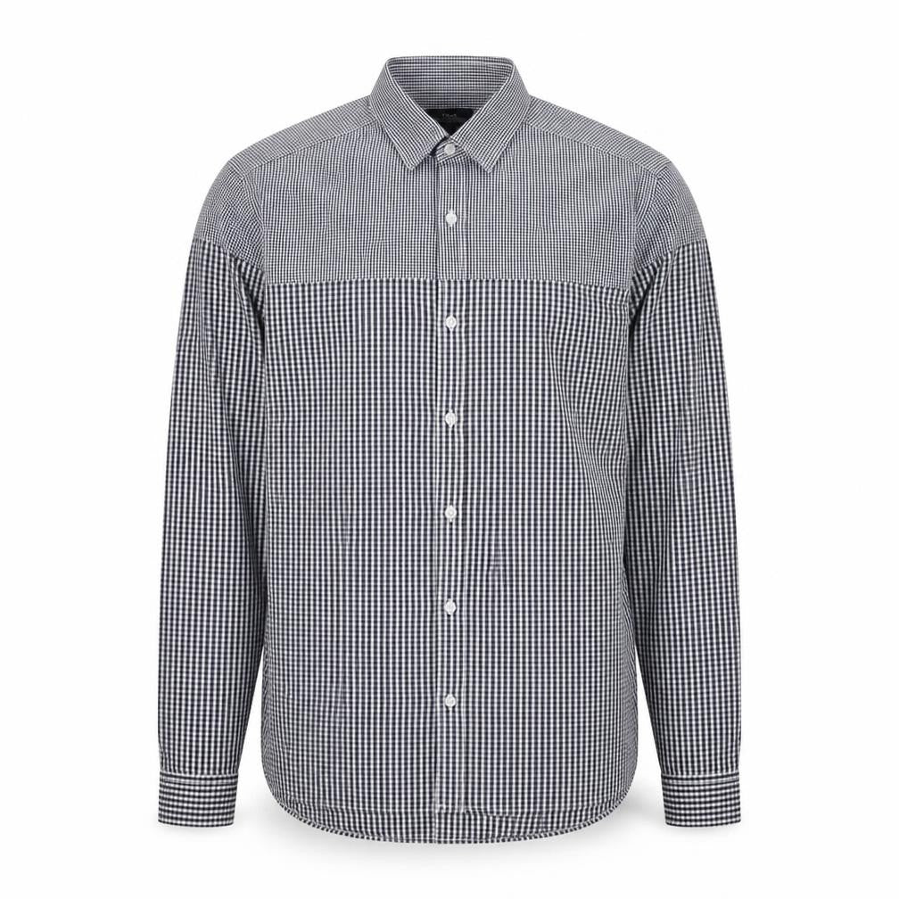 Front view of Next men’s black check cotton button-up, size S, collared button