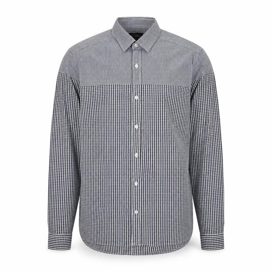 Front view of Next men’s black check cotton button-up, size S, collared button