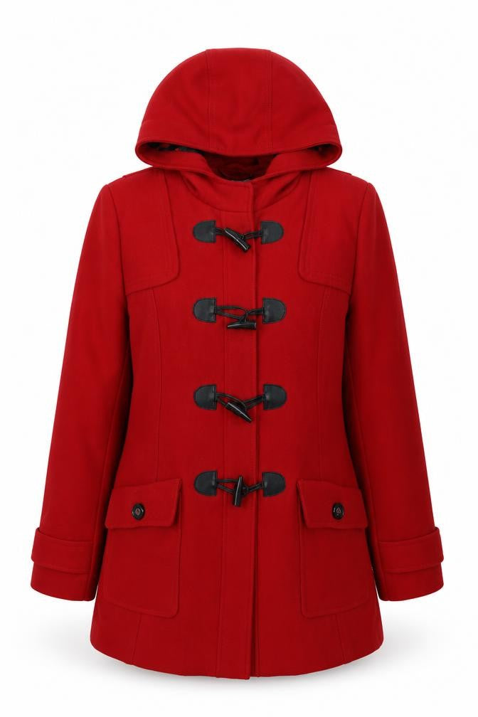 Front view of Be Beau women’s red parka jacket, size UK 14, buckle