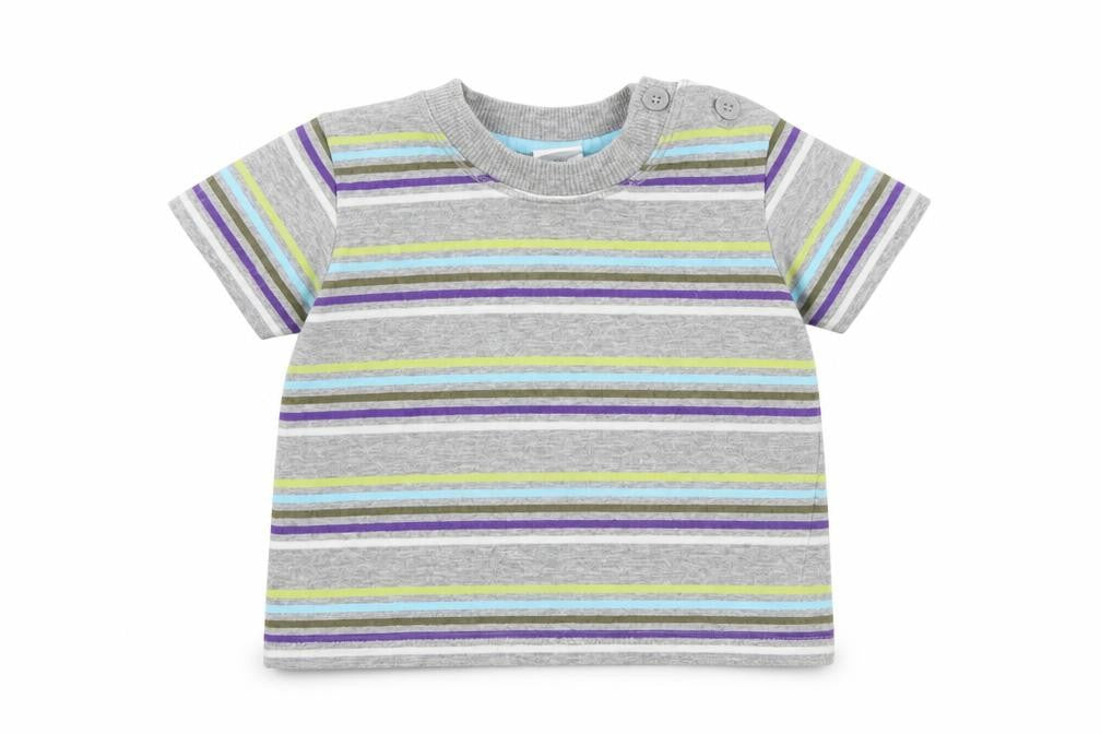 Front view of Disney boys’ grey striped cotton basic t-shirt, size 3-6, months round neck button