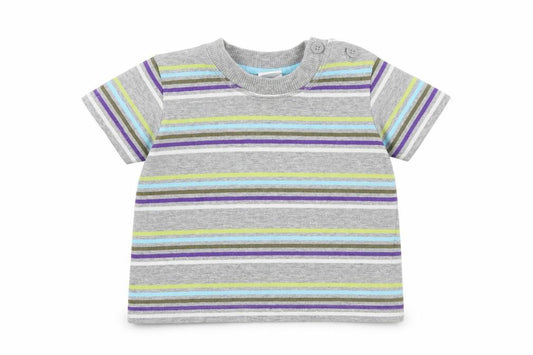 Front view of Disney boys’ grey striped cotton basic t-shirt, size 3-6, months round neck button