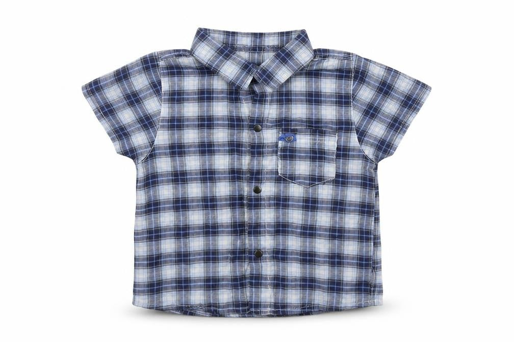 Front view of 3 Pommes boys’ blue plaid cotton basic button-up, size 12, months collared snap