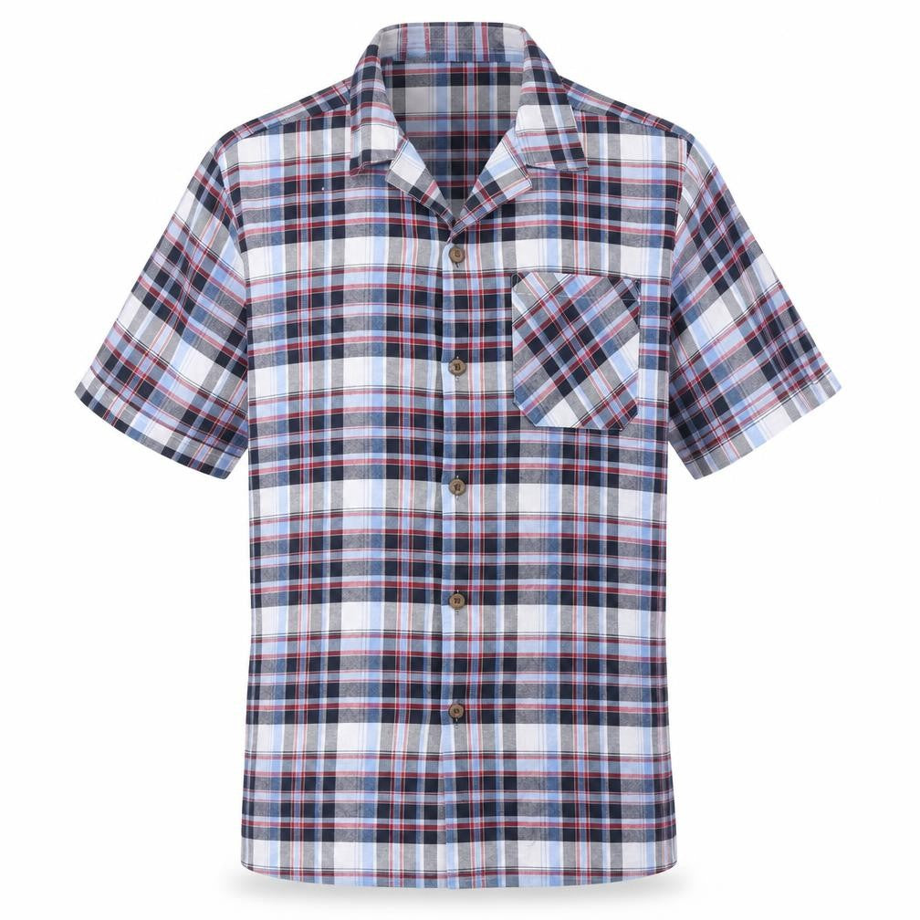 Front view of Malay men’s blue plaid cotton button-up, size M, collared button