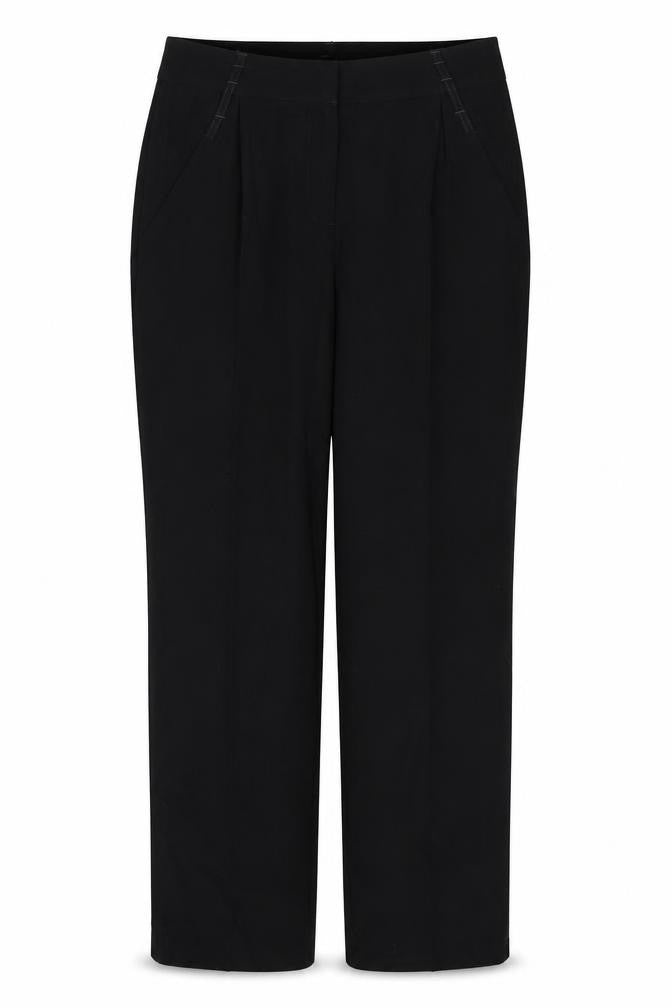 Front view of Marks & Spencer women’s black polyester trousers, size UK 10, 30-inch leg regular button