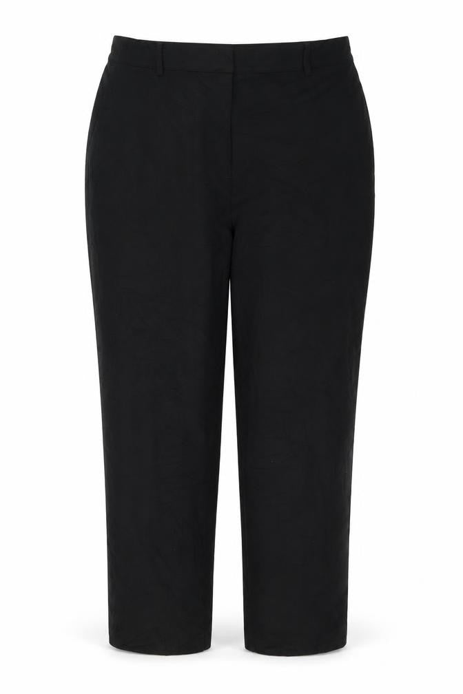 Front view of Marks & Spencer women’s black polyester trousers, size UK 16, 30-inch leg regular button