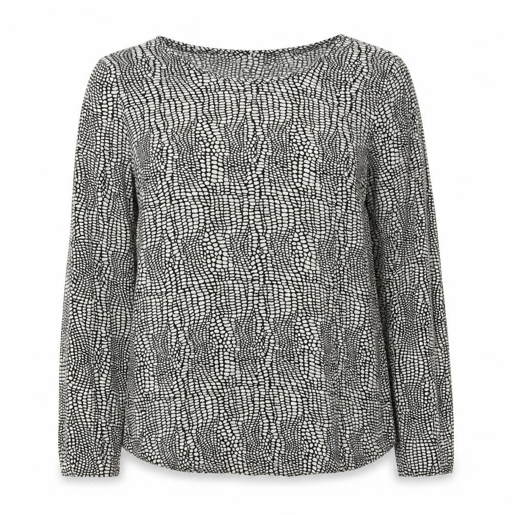 Front view of St Martins women’s black geometric viscose basic blouse, size UK 10, round neck