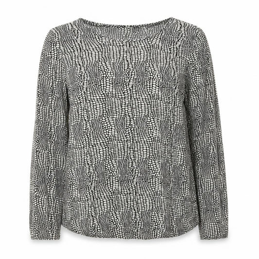Front view of St Martins women’s black geometric viscose basic blouse, size UK 10, round neck
