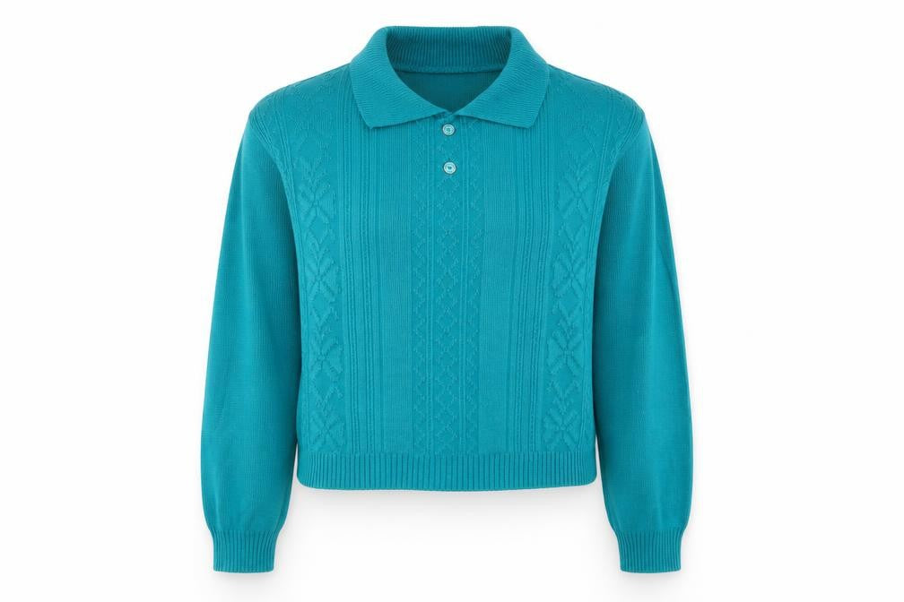 Front view of Perception women’s green collared acrylic jumper, size L