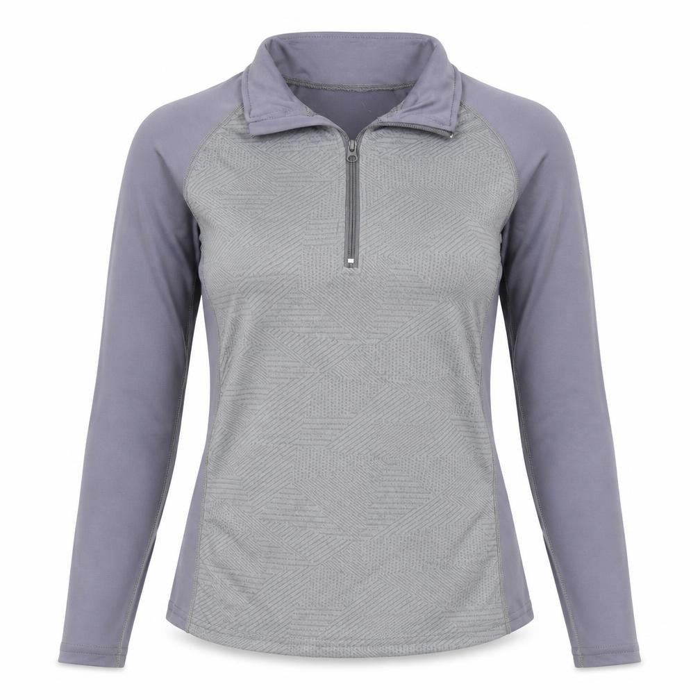 Front view of SHEIN women’s grey polyester pullover t-shirt, size M, collared zip