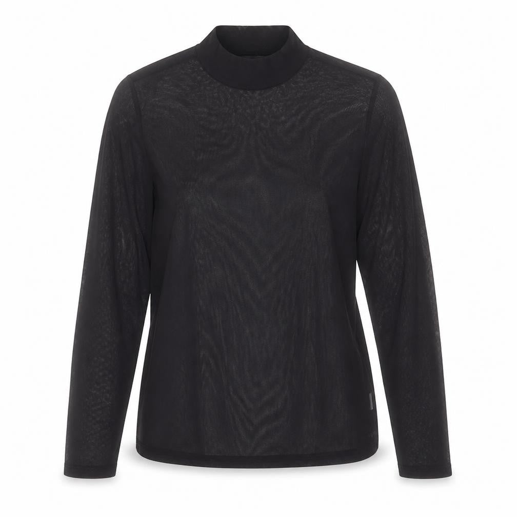 Front view of Fancyqube women’s black polyester basic t-shirt, size L, high neck - mesh