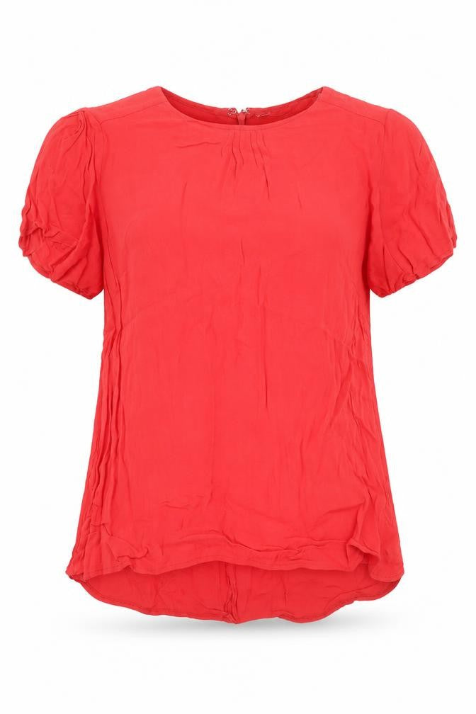 Front view of New Look women’s red viscose basic blouse, size UK 10, round neck