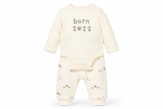 Front view of H&M Baby Beige 100% Cotton Dress Set Outfit/Set, size 0-3, Months Snap - Sheep