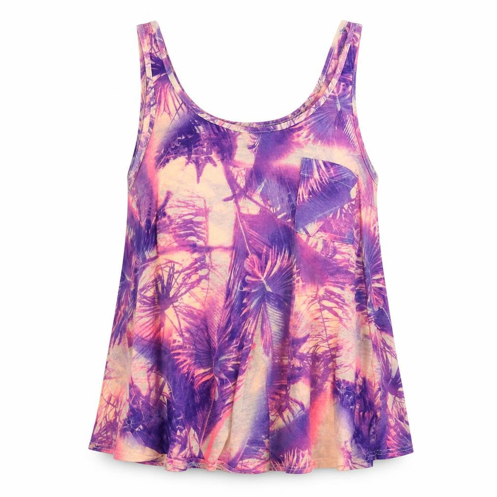 Front view of Divided women’s purple floral polyester basic tank, size UK 10, round neck