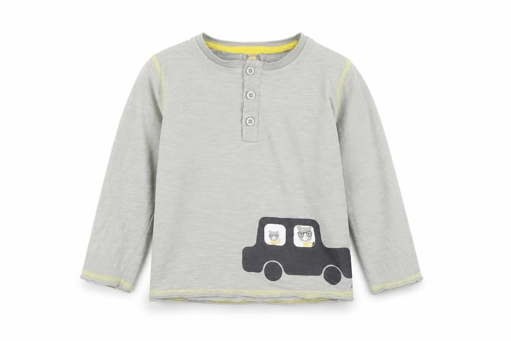 Front view of Vertbaudet boys’ grey 100% cotton basic t-shirt, size 3, years round neck button - car