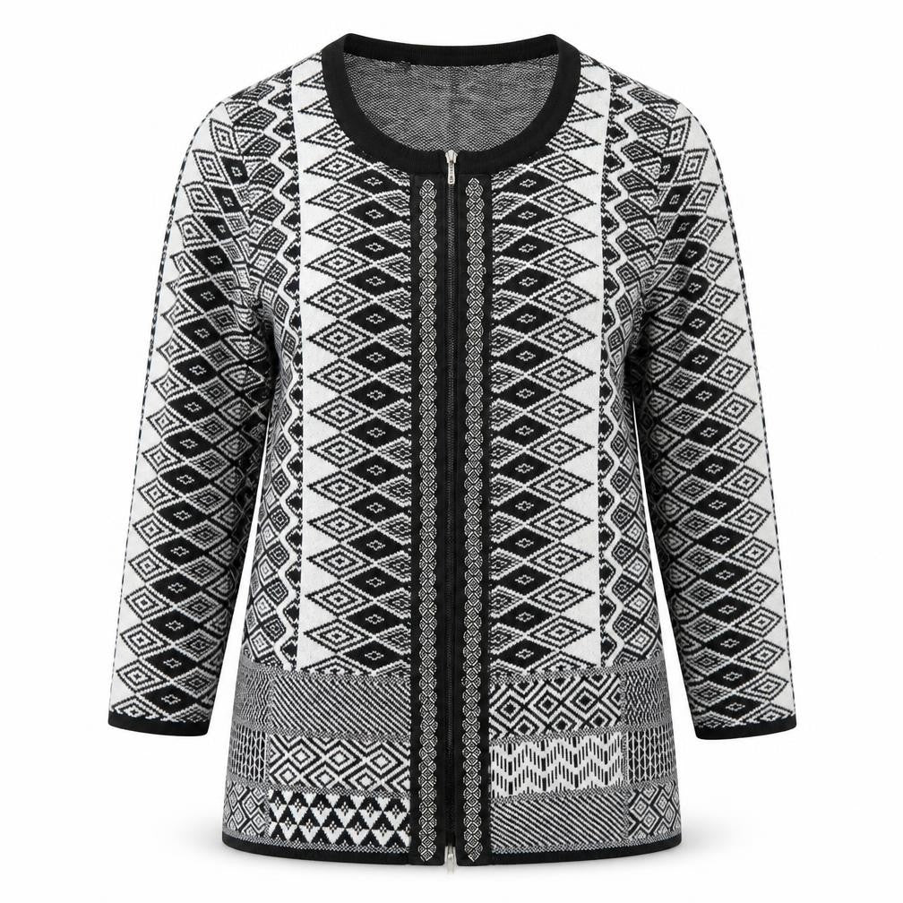 Front view of BPC Selection women’s black round neck argyle/diamond acrylic full zip jumper, size M
