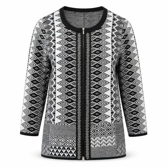 Front view of BPC Selection women’s black round neck argyle/diamond acrylic full zip jumper, size M