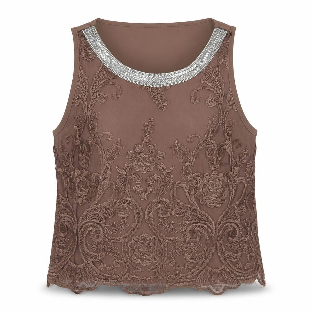 Front view of Fly Curby women’s brown floral polyester basic blouse, size 2XL, round neck