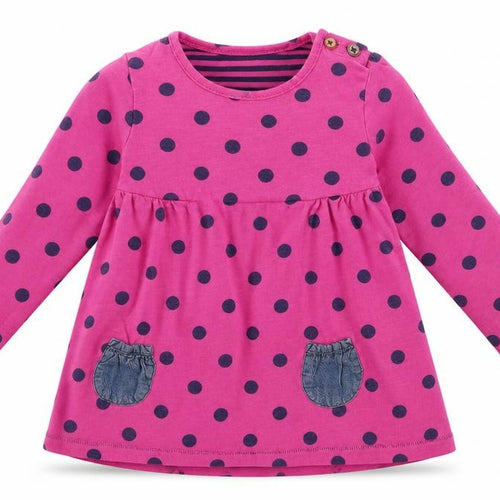 NEXT Girls Pink Polka Dot 100% Cotton Skater Dress  Size 12-18 Months  Round Neck Button