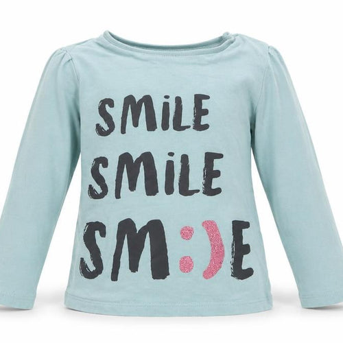F&F Girls Blue  Cotton Jersey T-Shirt Size 12-18 Months Round Neck Snap - Smile